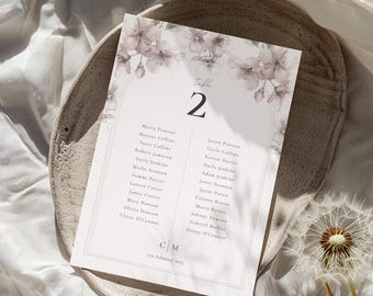 Blush Floral Wedding Table Plan Cards: Trestle Table Seating Chart Template (Digital Download) | CR111