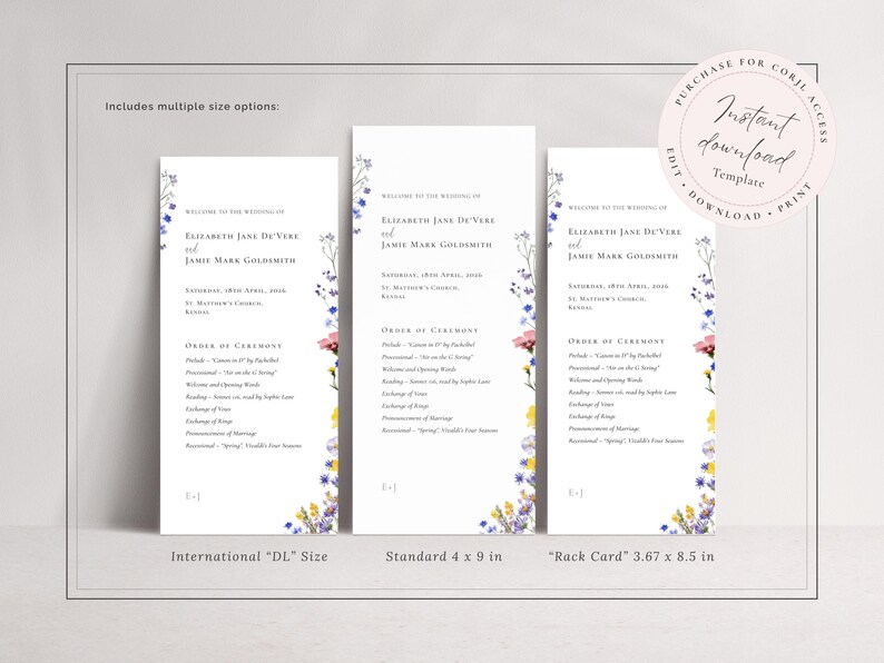 Instant download Spring meadow wedding programme template in 4x9 inch, DL and Rack Card sizes