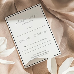 Plantilla minimalista de tarjeta RSVP en blanco y negro con borde negro, imprimible moderna, tamaños A6 y 4x6 + 4 barras / Borde monocromático CR116