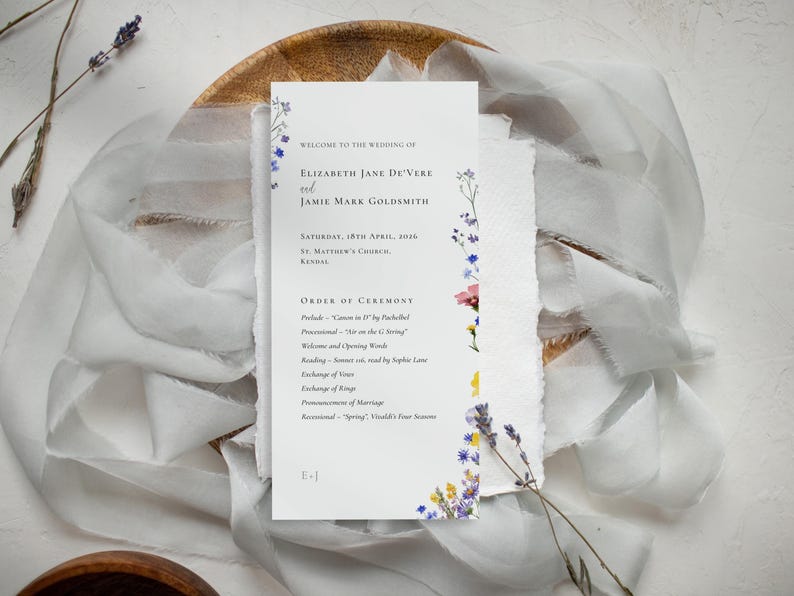 Vibrant spring wildflower tea length slim wedding program editable template with order of service