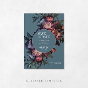 May include: A teal wedding invitation card featuring a floral design with pink and purple peonies and green leaves. The card includes the text "SAVE THE DATE" and wedding details. The words "EDITABLE TEMPLATE" are at the bottom.