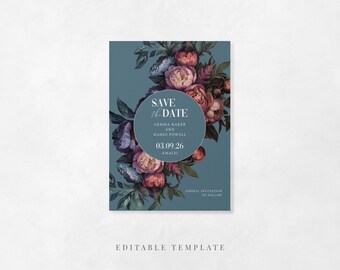 May include: A teal wedding invitation card featuring a floral design with pink and purple peonies and green leaves. The card includes the text "SAVE THE DATE" and wedding details. The words "EDITABLE TEMPLATE" are at the bottom.