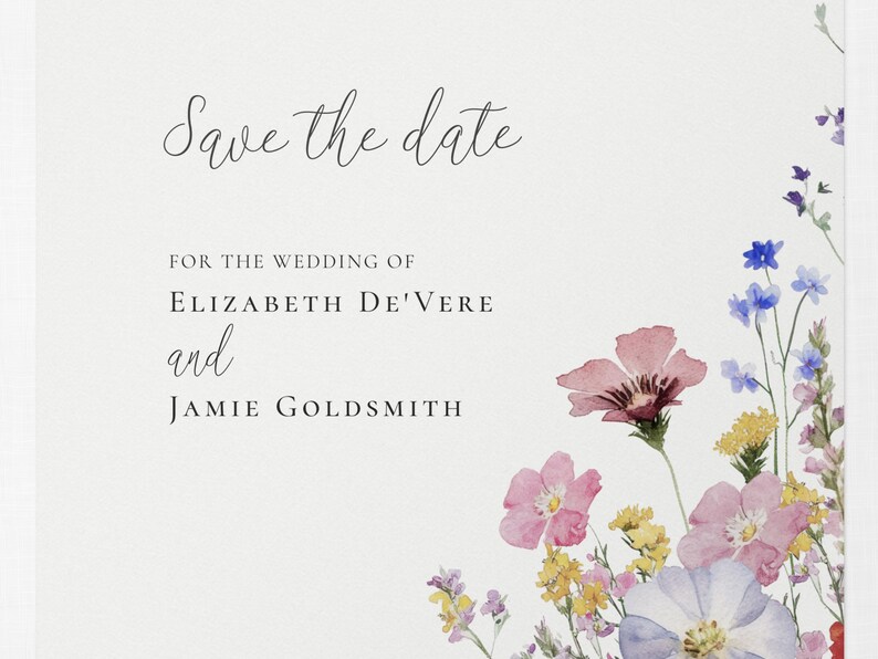 Close-up detail of the Meadow Blossom wildflower save the date design