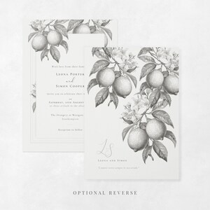 5x7 lemon wedding invitation with botanical citrus reverse in grey and white