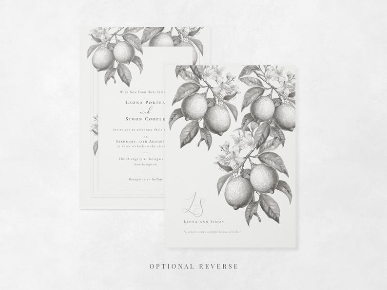 5x7 lemon wedding invitation with botanical citrus reverse in grey and white