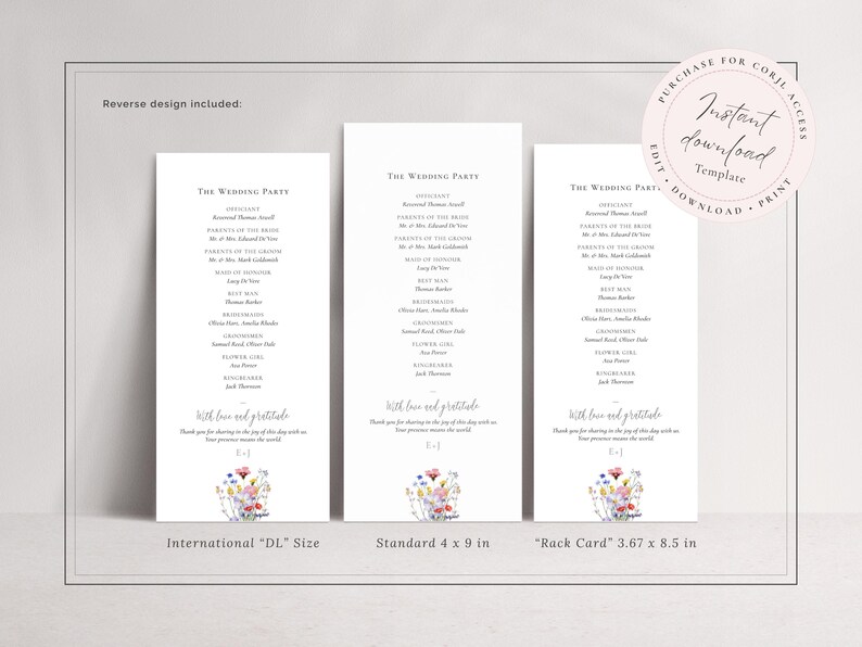 Reverse design wedding program with wedding party and thank you - editable wildflower wedding templates for instant download