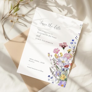Plantilla de flores silvestres para guardar la fecha (5x7), tarjeta imprimible para boda campestre o en el jardín, personalizable con Corjl / Meadow Blossom CR102
