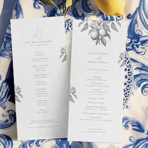 Plantilla de programa de boda Citrus Slim, formato DL o 4×9″, orden de ceremonia, PDF editable con Corjl, Fiesta de bodas con limón mediterráneo / La Scorza CR107