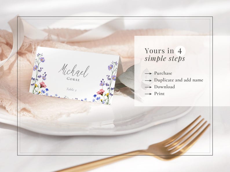 Wildflower folded wedding place name card - purchase, edit in Corjl, download and print
