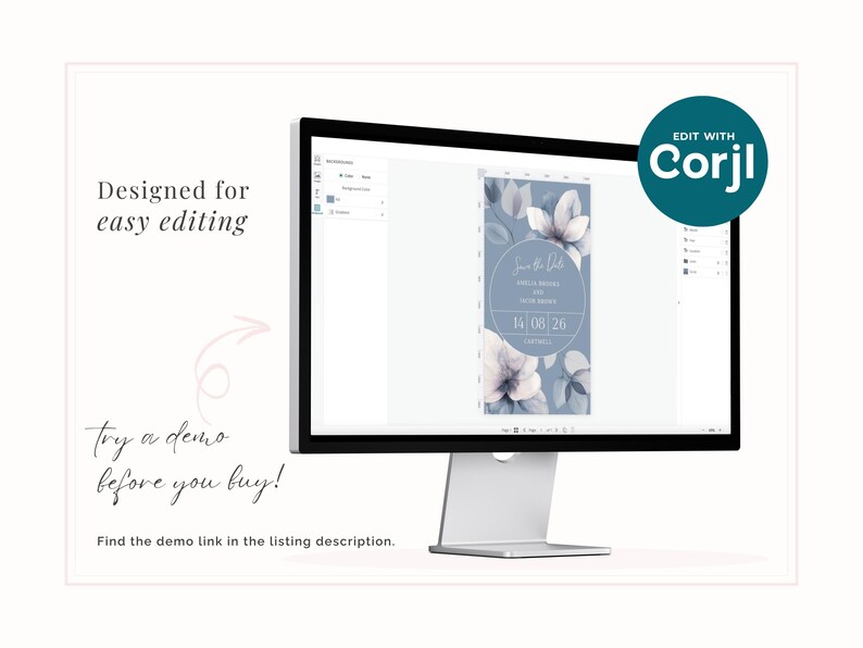 Ethereal Bloom wedding save the date evite template - designed for easy DIY editing using Corjl - try the demo before you buy