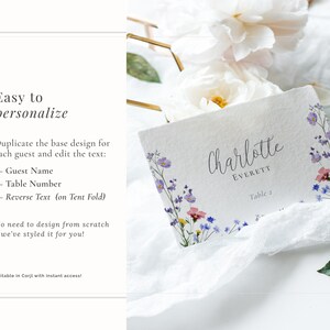 Easy to personalise wildflower wedding place card instant download template - simply edit names and table number using Corjl