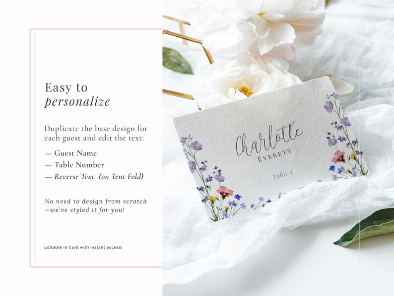 Easy to personalise wildflower wedding place card instant download template - simply edit names and table number using Corjl