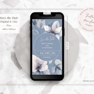 Save the date digital evite editable template in blue with modern floral design in dusky blue and circle highlight for your info - instant download editable template to send via email