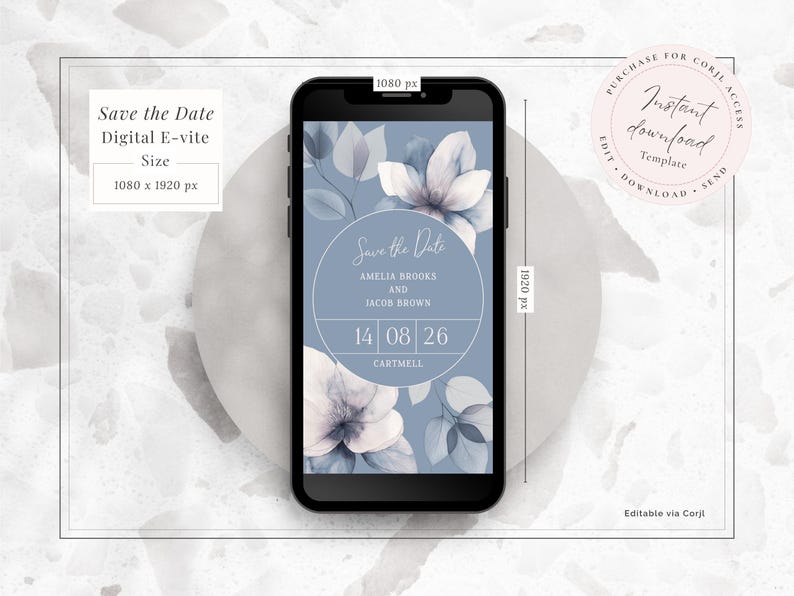Save the date digital evite editable template in blue with modern floral design in dusky blue and circle highlight for your info - instant download editable template to send via email