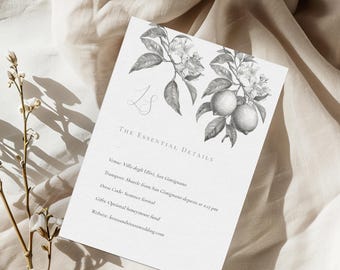 Lemon Blossom Wedding Details Card Template: Elegant Citrus Design (A6/4x6) | CR107