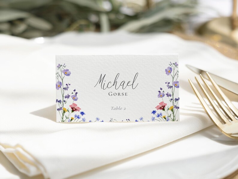Spring wildflower wedding table place card editable template, tent fold