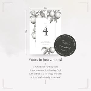 Mediterranean lemon wedding table number instant download template showing the number 4. Yours in 4 steps: purchase, edit with your details, download, and print professionally (variation printing needed) or at home.
