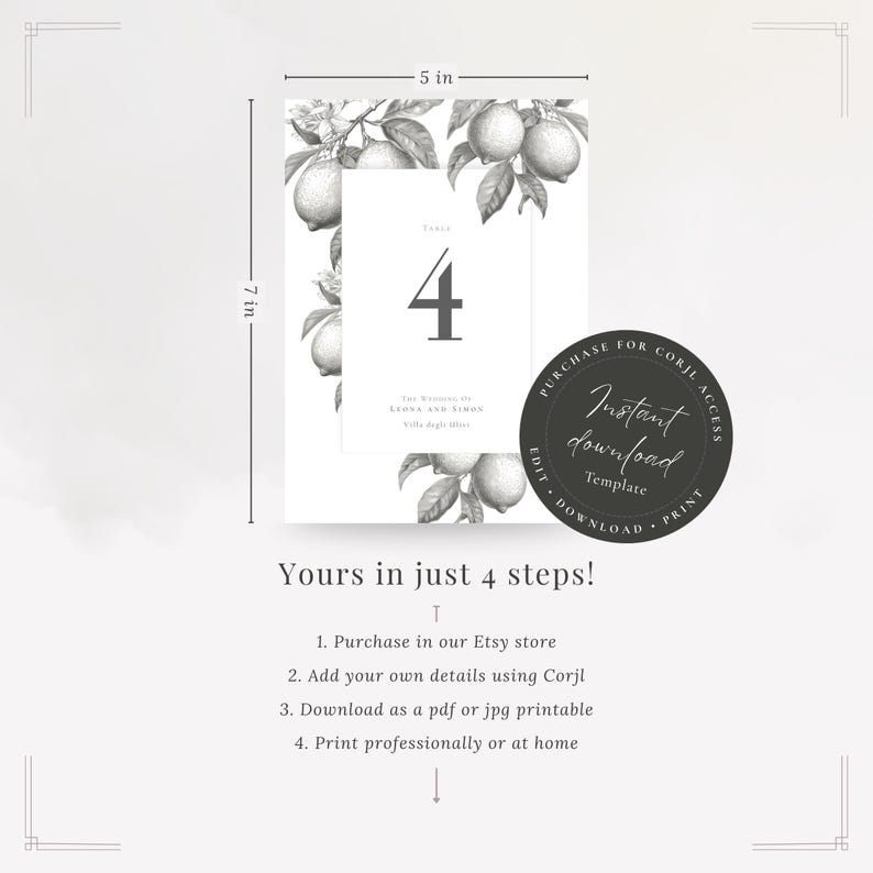 Mediterranean lemon wedding table number instant download template showing the number 4. Yours in 4 steps: purchase, edit with your details, download, and print professionally (variation printing needed) or at home.