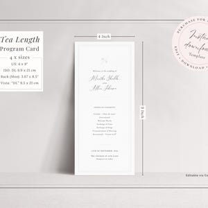 Tea length slim format wedding program template with a timeless typographic design in dark grey and off-white with beige border detail. Includes 4x9 inch, DL, Rack Card and VistaPrint versions. Instant download.