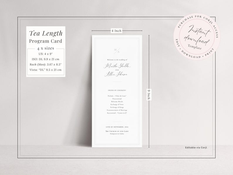Tea length slim format wedding program template with a timeless typographic design in dark grey and off-white with beige border detail. Includes 4x9 inch, DL, Rack Card and VistaPrint versions. Instant download.