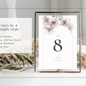 Number 8 wedding table number card displayed in a frame - yours in 4 steps: purchase; edit with your details; download and print