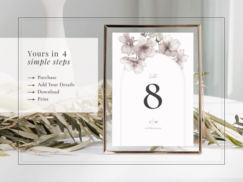 Number 8 wedding table number card displayed in a frame - yours in 4 steps: purchase; edit with your details; download and print
