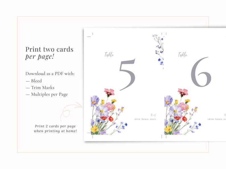 Print 2 wildflower table numbers per page when printing at home