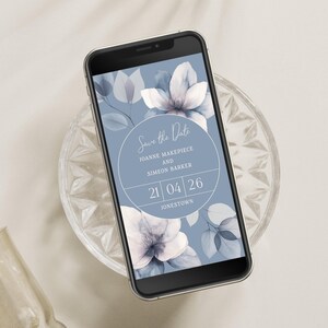 Dusky blue floral wedding save the date evite with circle design and elegant botanic design