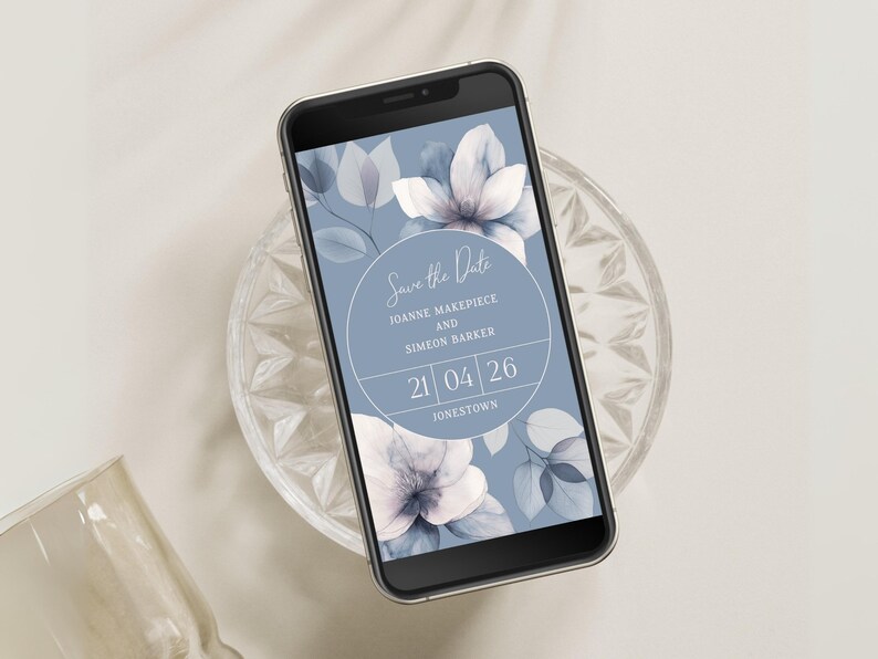 Dusky blue floral wedding save the date evite with circle design and elegant botanic design