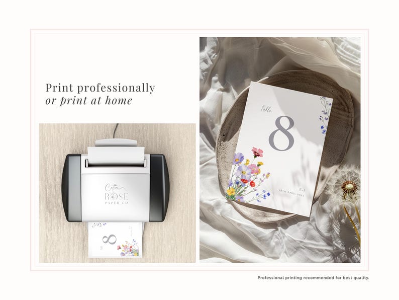 Wildflower wedding table number - easy to print at home using your own home printer