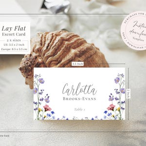 Vibrant wildflower wedding guest name card editable template to lay flat on a place setting or use as an escort card