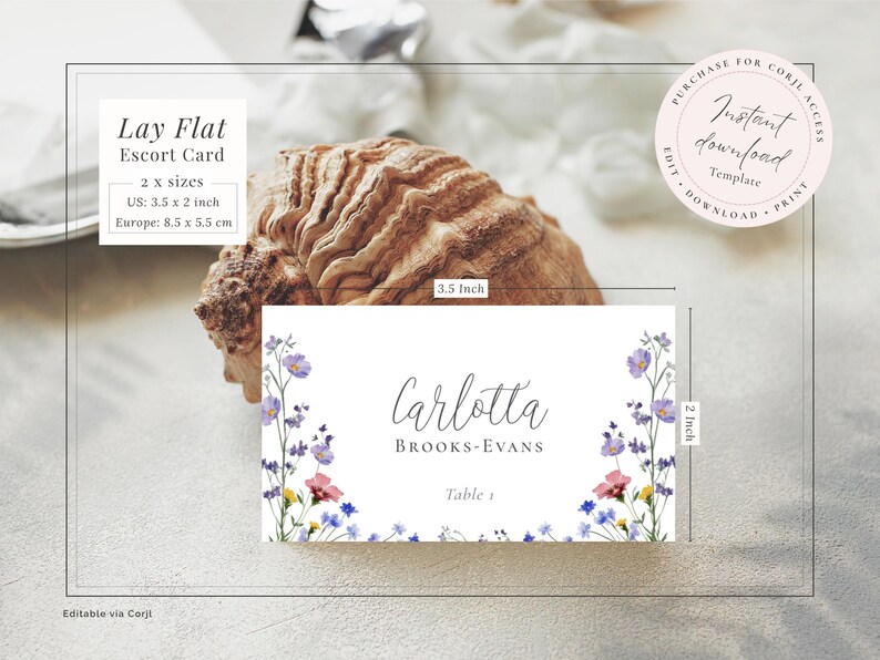 Vibrant wildflower wedding guest name card editable template to lay flat on a place setting or use as an escort card