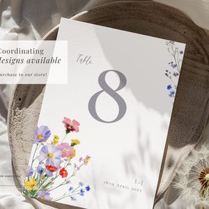 Co-ordinating wildflower wedding designs in the Meadow Blossom stationery collection - including table numbers