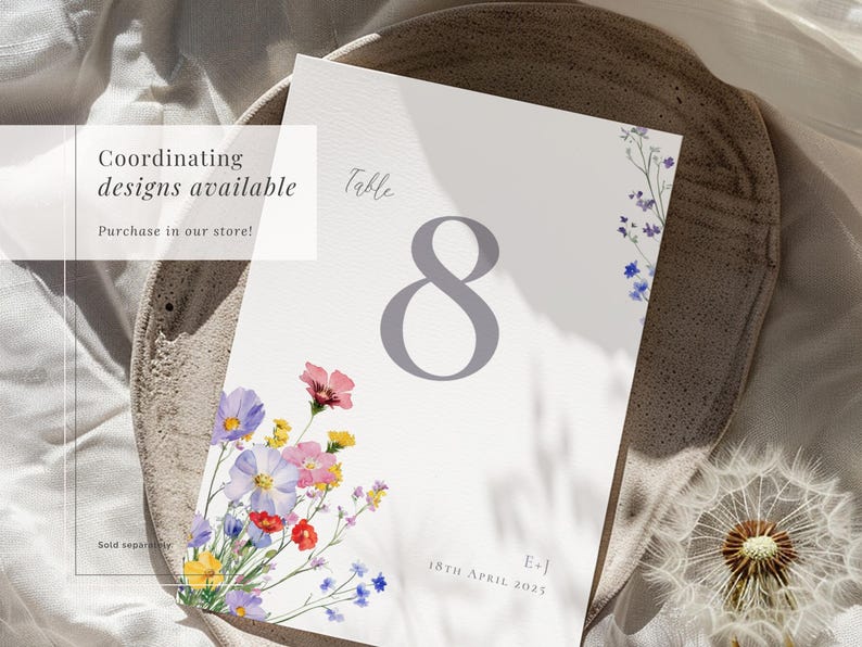 Co-ordinating wildflower wedding designs in the Meadow Blossom stationery collection - including table numbers