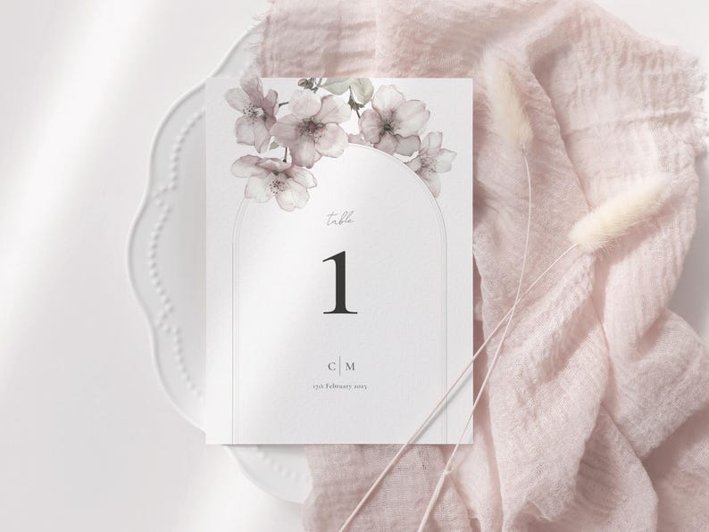 Romantic Spring cherry blossom wedding table number - number 1 table with simple couples monogram and wedding date customisation