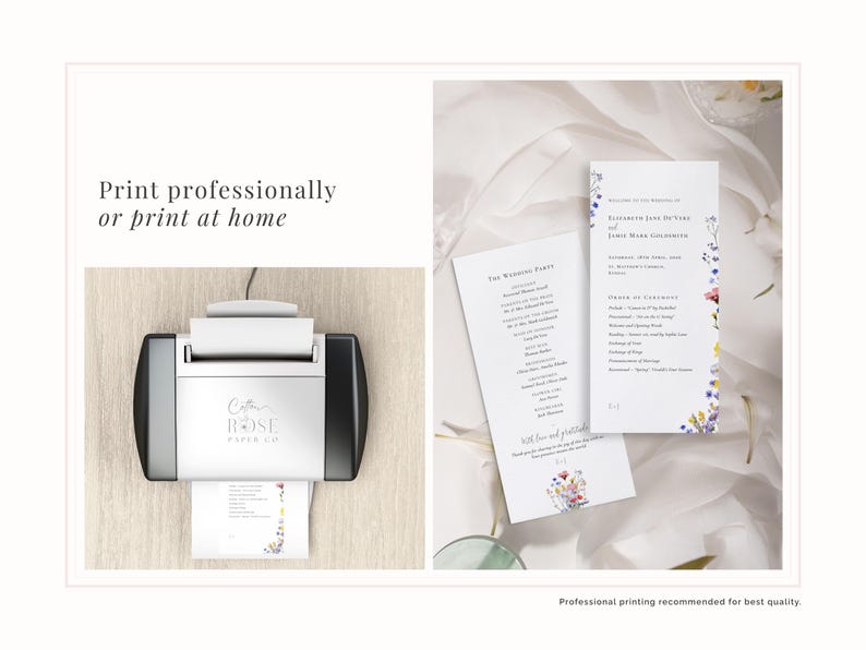 Printable wildflower slim format wedding program with order of service and wedding party details - print professionally or using your home printer