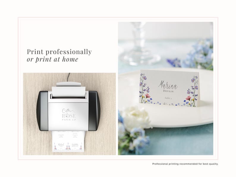 Printable wedding place cards with guest names and table number, print out at home or professionally