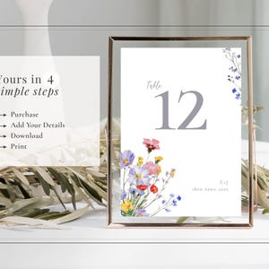 Wildflower wedding table number displayed in a glass holder - yours in 4 simple steps: purchase; edit with your wedding details; download and print