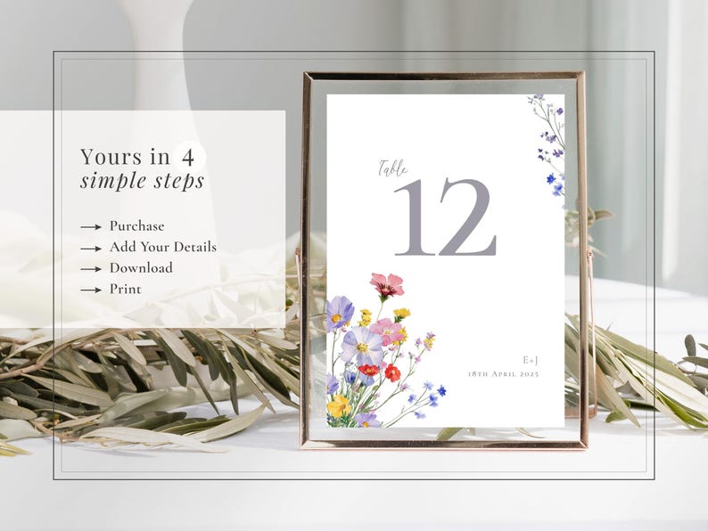 Wildflower wedding table number displayed in a glass holder - yours in 4 simple steps: purchase; edit with your wedding details; download and print
