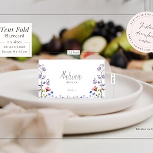 Tent fold wedding place card template shown in 2 x 3.5 inch folded, Spring wildflower blossom design editable template for instant download