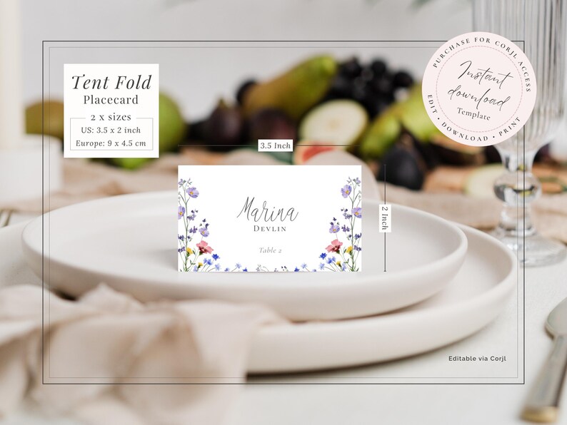 Tent fold wedding place card template shown in 2 x 3.5 inch folded, Spring wildflower blossom design editable template for instant download