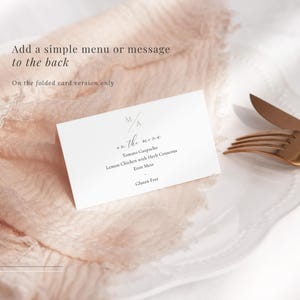 Folded wedding place card editable template with short guest menu on the reverse showing meal choices.