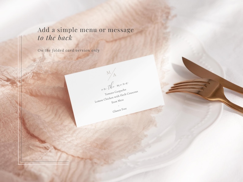Folded wedding place card editable template with short guest menu on the reverse showing meal choices.