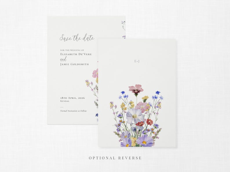 Wildflower wedding save the date template with optional floral reverse