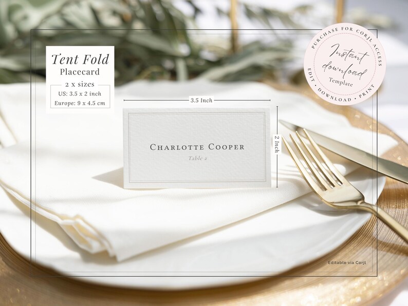 Tent fold place card minimal editable template printable for instant download. In US and ISO sizes.