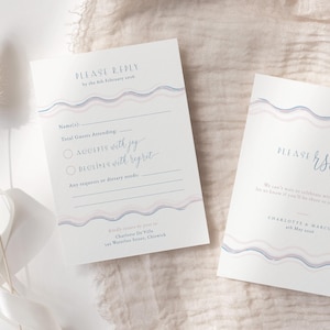 Wackelige Antwortkarte für Hochzeiten mit Pastell Wellen-Design, druckbare Antwortkarte mit bearbeitbarem Text, modernes Antwortkarten-Set mit Rückseite | Wackel CR109