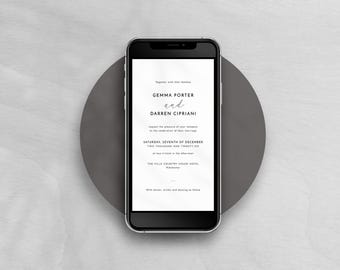 May include: A smartphone displays a wedding invitation with the names Gemma Porter and Darren Cipriani. The invitation is in black and white, with the date, time, and location of the wedding. The phone rests on a gray circular surface.