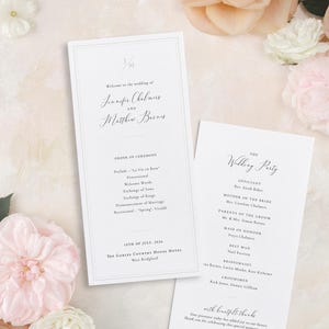 Elegant minimalist border wedding programme card template with order of service to the front and wedding party to the reverse.