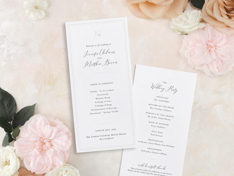Elegant minimalist border wedding programme card template with order of service to the front and wedding party to the reverse.