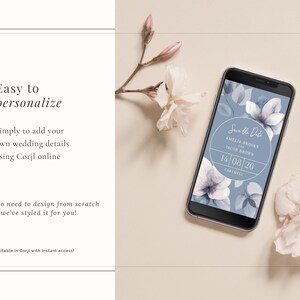 Blue floral wedding save the date evite template shown displayed on a smartphone - easy to personalise with your own wedding details using Corjl and then send via email for a paperless invitation experience
